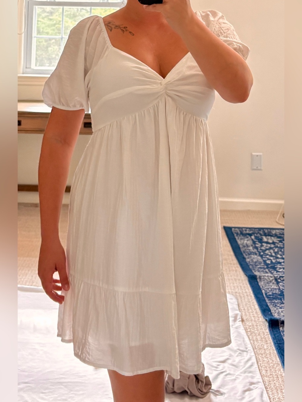 Altar'd State Ivory Puff-Sleeve Twist-Front Mini Dress